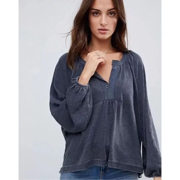 Free People Acadia Washed Black Long Sleeve Henley Top Size XS - Picture 1 of 10